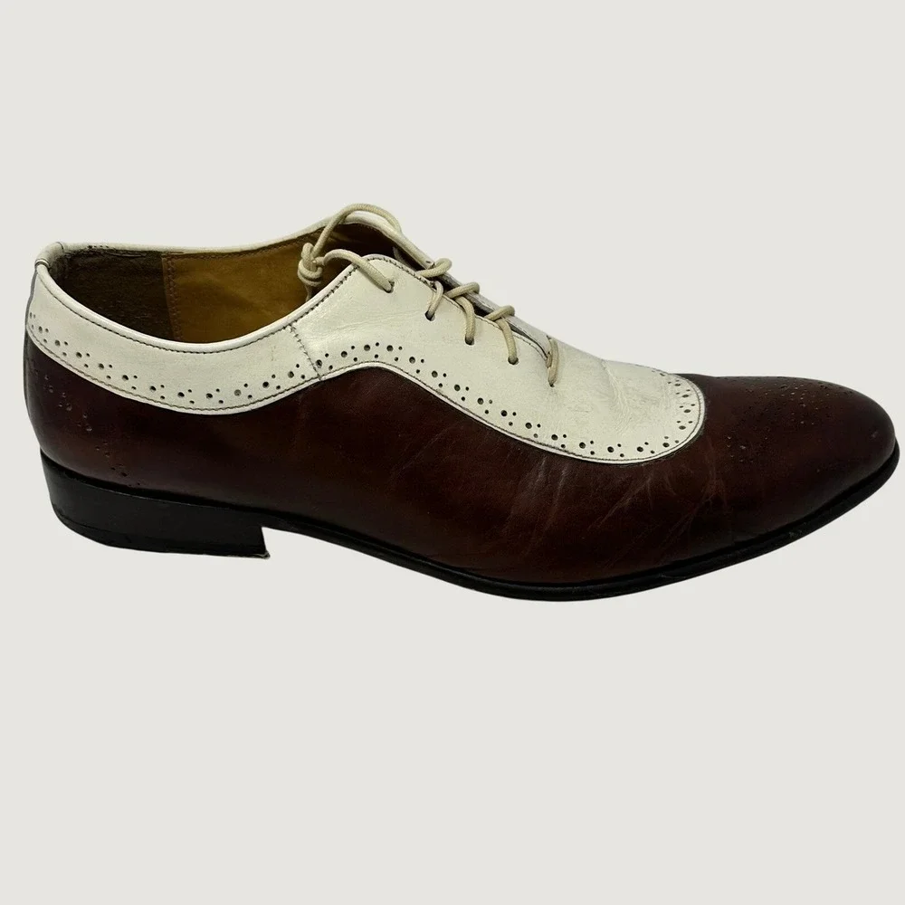 Eleganza Mens 13 Spectator Shoes Brown White Leather Two Tone Oxfords EZ1504